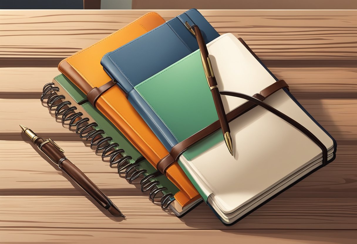 A high-quality leather notebook lies open on a wooden desk, showcasing its smooth, supple cover and thick, creamy pages