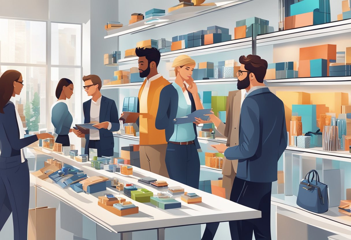 A group of young professionals browse through a variety of corporate gifts displayed on shelves and tables in a modern and stylish shop
