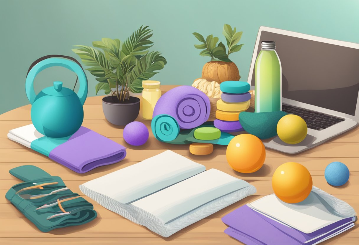 A table with a variety of wellness gifts displayed, including yoga mats, water bottles, stress balls, and healthy snack baskets
