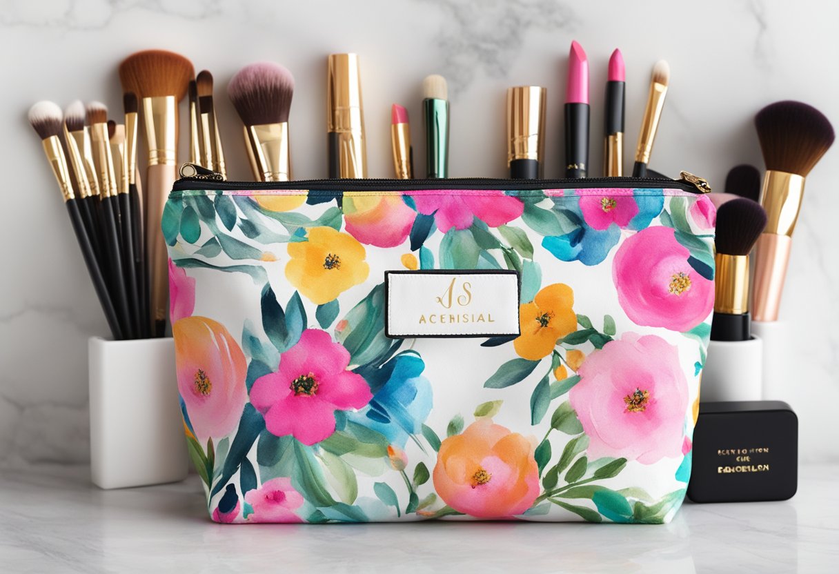 A custom makeup pouch sits open on a marble vanity, filled with brushes, palettes, and tubes of lipstick. The pouch is adorned with colorful floral patterns and personalized initials