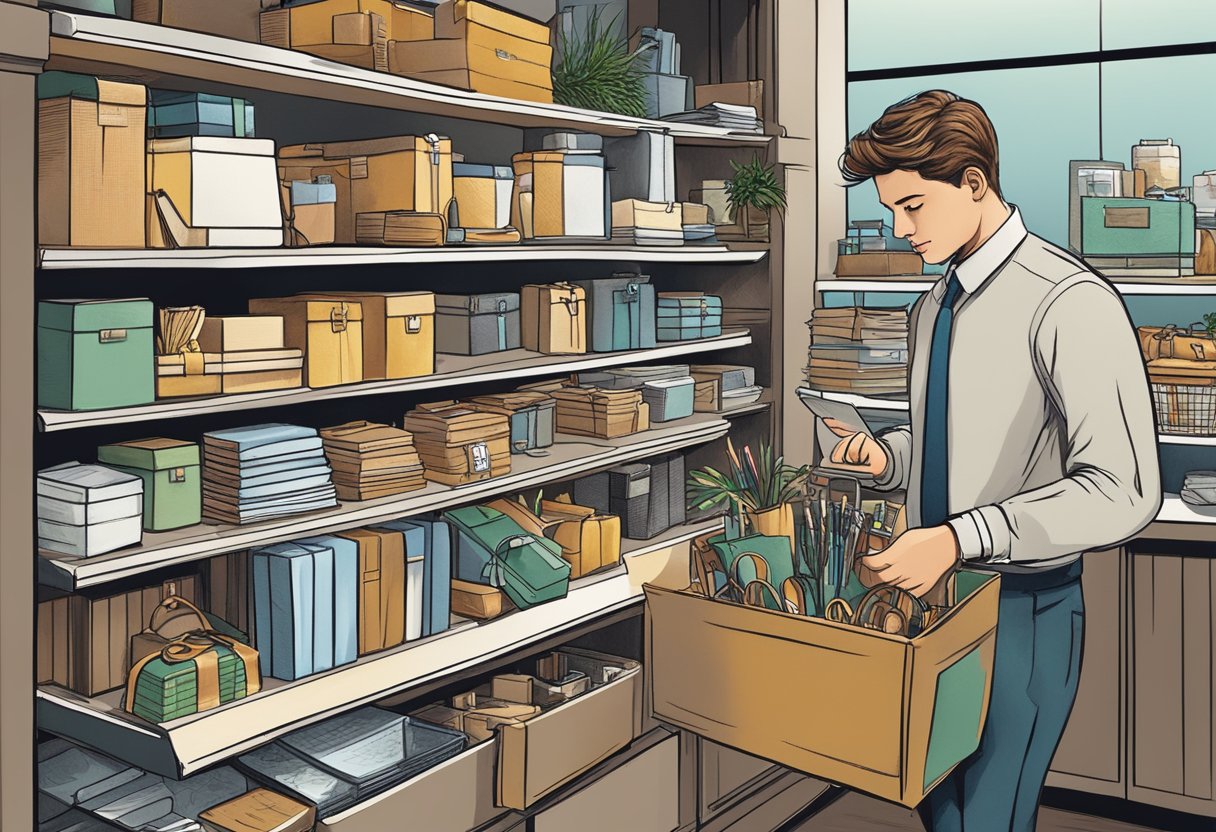 A young professional shops for corporate gifts, browsing through a variety of items with a thoughtful and discerning expression