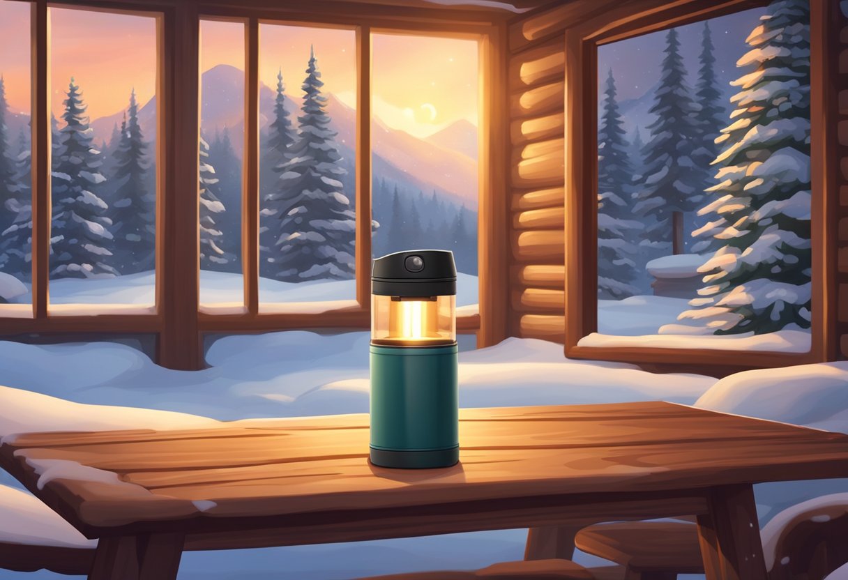 A custom thermal flask sits on a wooden table in a cozy cabin, surrounded by snow-covered trees and a warm, glowing fireplace