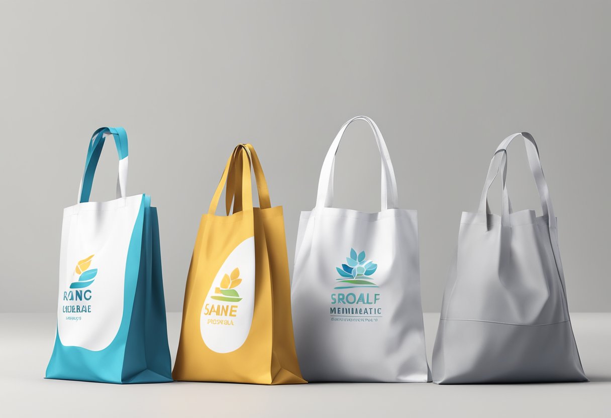 A stack of custom polyester bags, various sizes and colors, displayed on a clean white surface with minimalistic branding