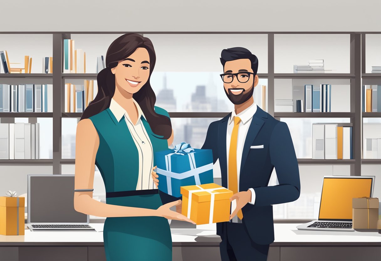 A well-dressed professional presents a gift box to a business partner in a modern office setting. The gift is adorned with the company's logo and is elegantly wrapped