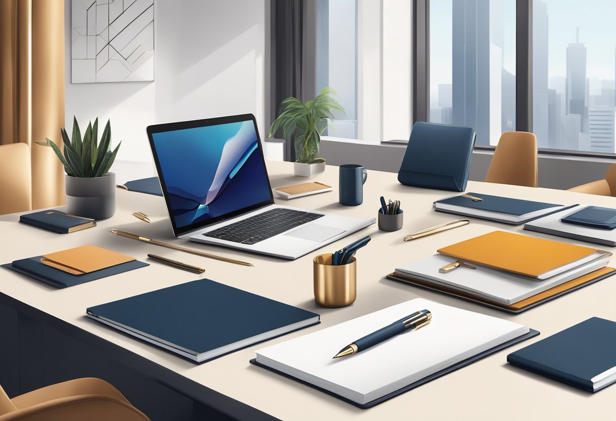 A table adorned with elegant, branded corporate gifts: sleek pens, luxurious notebooks, and high-quality leather accessories. A backdrop of a modern office setting with clean lines and sophisticated decor
