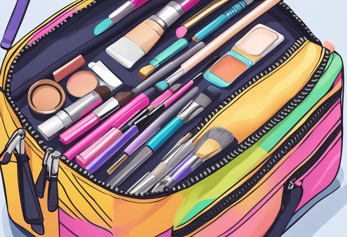 A colorful custom makeup pouch with a zipper and multiple compartments sits open on a clean, organized vanity table. Various makeup products are neatly arranged inside the pouch, with brushes and tools neatly placed beside it
