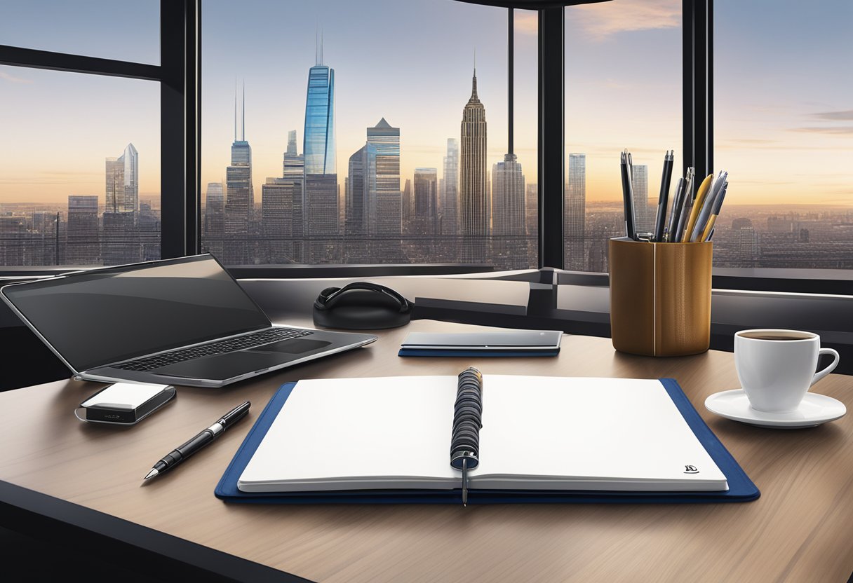 A table adorned with elegant pens, leather-bound notebooks, and sleek tech gadgets, all branded with the company logo. A backdrop of a bustling city skyline adds a touch of sophistication to the scene