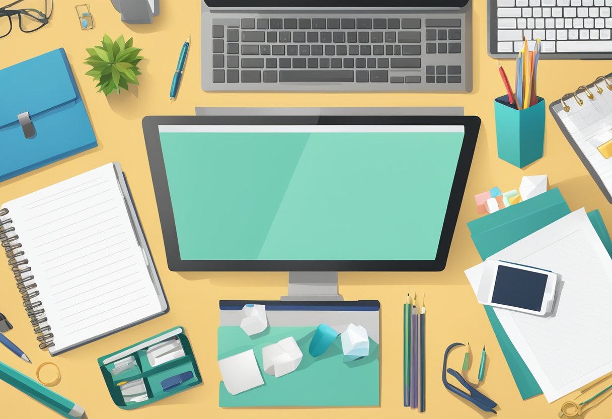 A table with a variety of corporate gifts neatly arranged, a thank you note placed on top, surrounded by office supplies