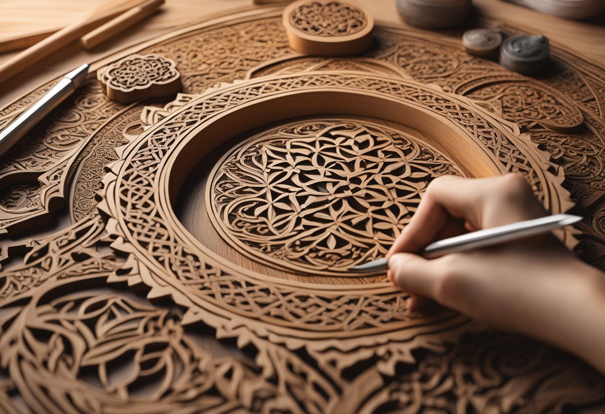 An artisan carves intricate Islamic patterns into a wooden plaque, surrounded by tools and finished products
