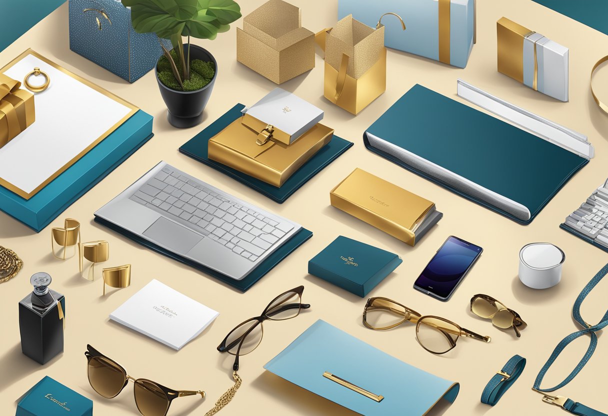 A table showcasing various corporate gifts, including branded items, luxury goods, and personalized accessories. The setting is professional and sophisticated, with a focus on quality and thoughtful presentation