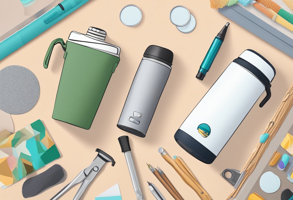 A hand holding a blank thermal flask, surrounded by design tools and personalized stickers