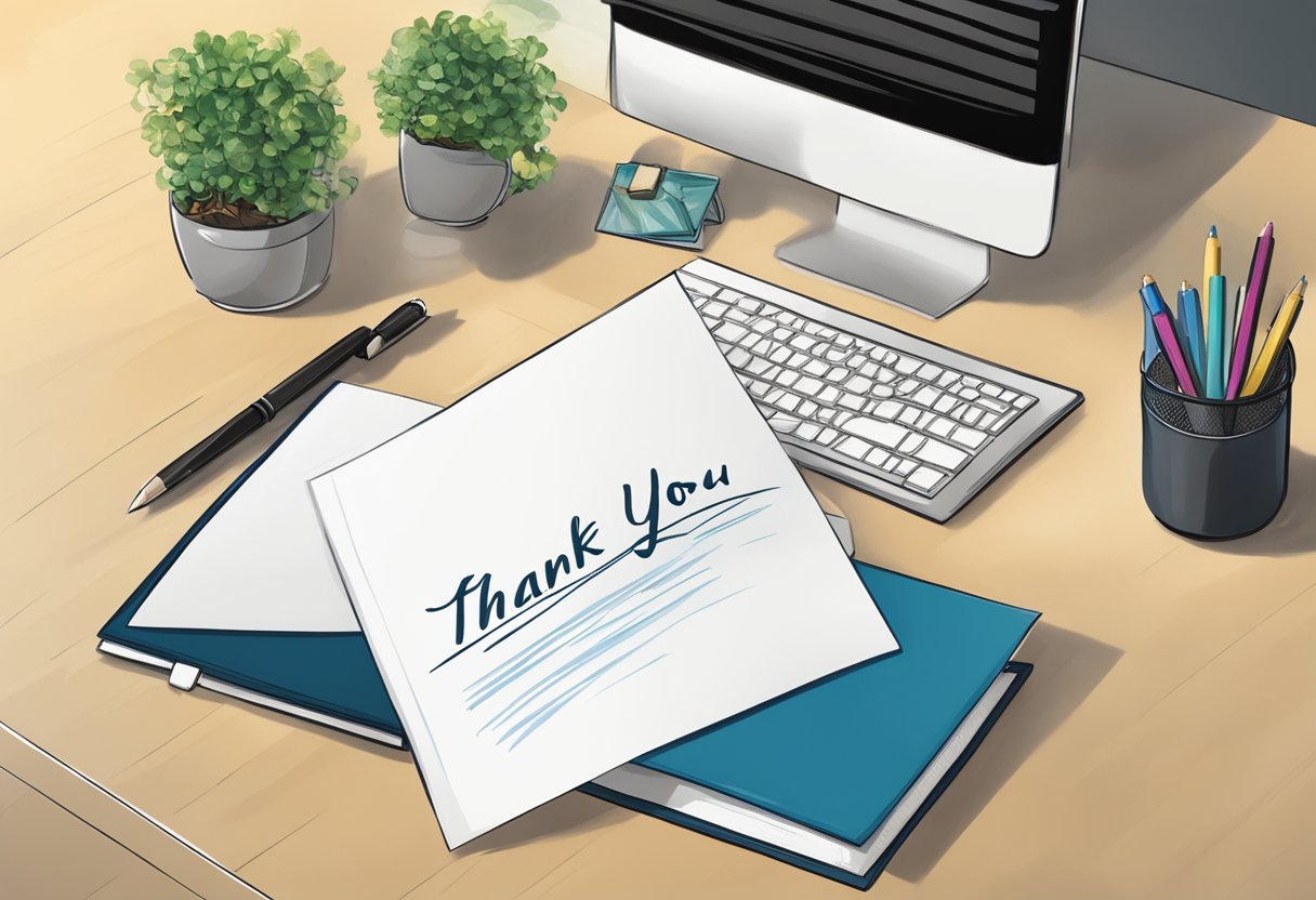 A hand-written thank you note on a clean, professional desk with a corporate logo in the background