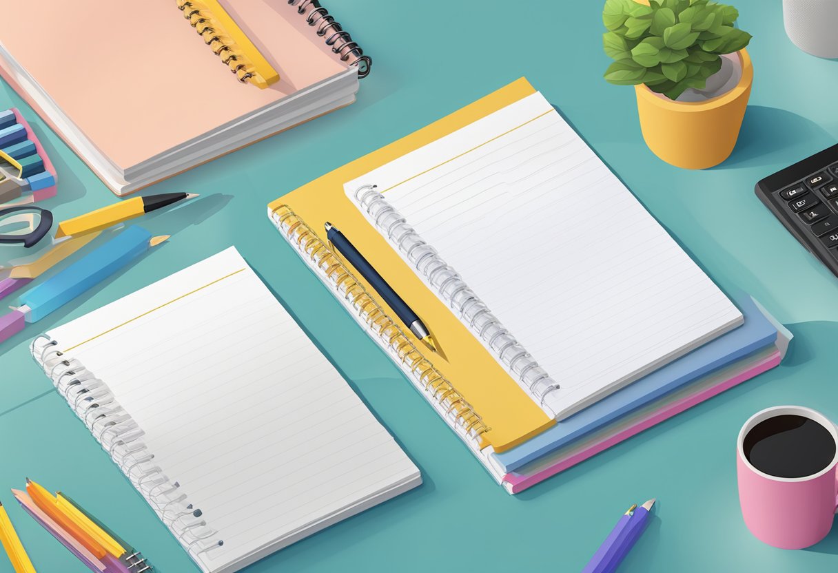 A stack of custom A5 notepads with "Frequently Asked Questions" printed on the cover, surrounded by various office supplies and a pen