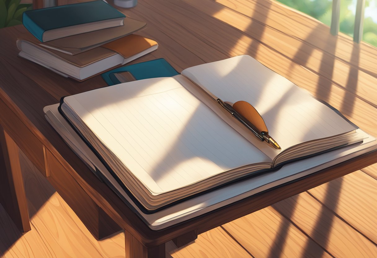 A leather notebook sits on a wooden desk, sunlight streaming through a nearby window, highlighting its high-quality craftsmanship