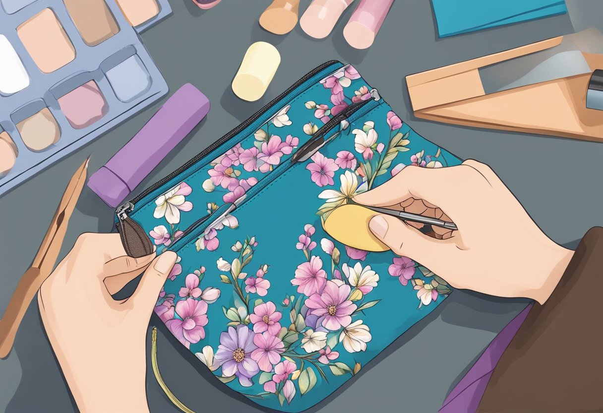 A customer selects fabric and design for a custom makeup pouch. Tailor measures, cuts, and sews pouch to customer's specifications