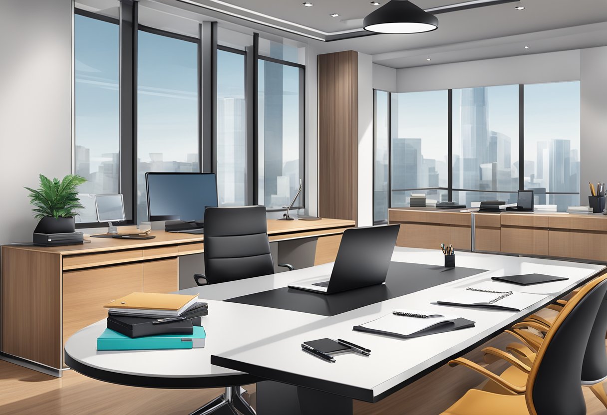 A sleek, modern office setting with a conference table adorned with high-end corporate gifts such as luxury pens, personalized leather portfolios, and elegant desk accessories
