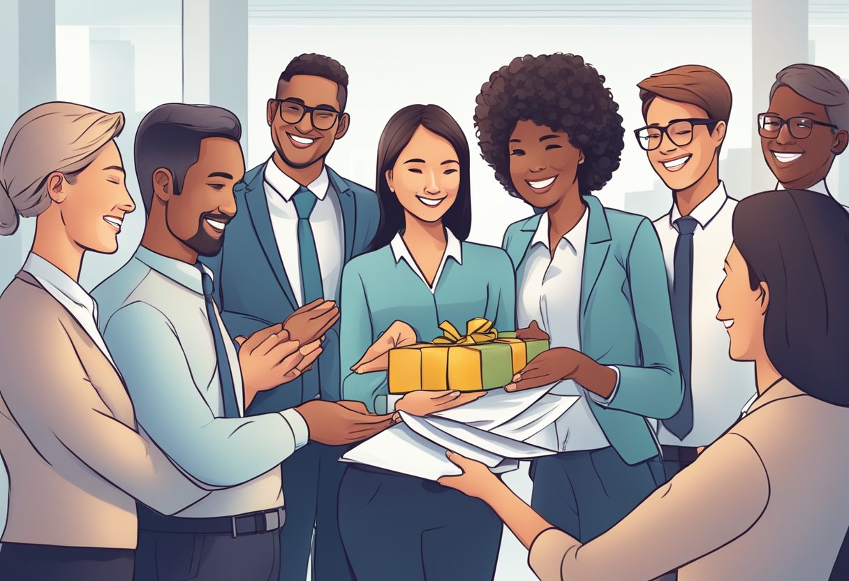 A group of corporate employees receiving a gift and expressing gratitude with a short thank you note