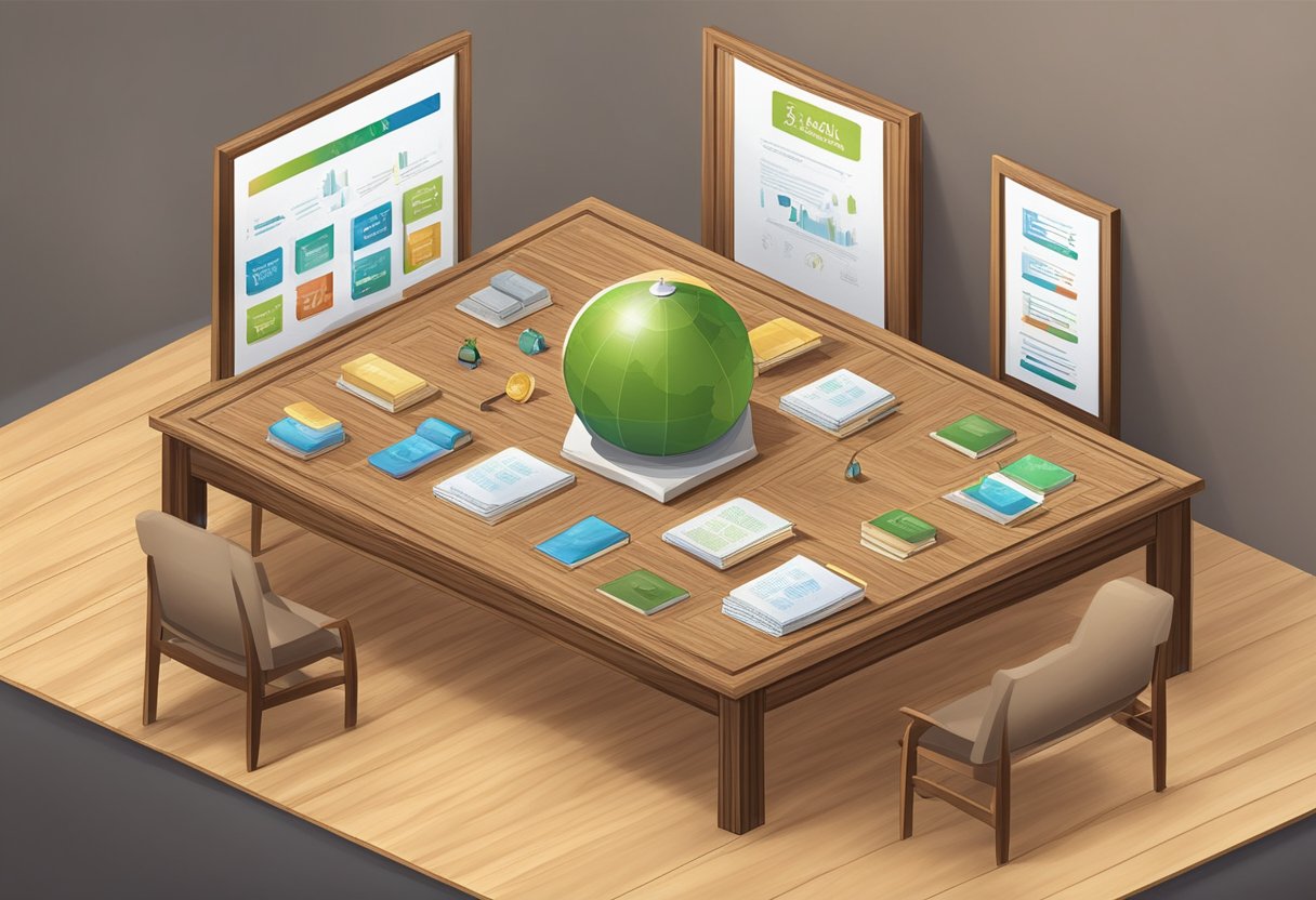 A wooden table displays various Islamic corporate gifts with a sign reading "Frequently Asked Questions."