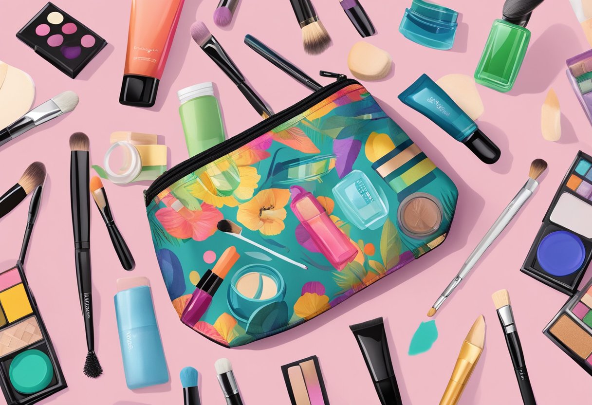 A colorful custom makeup pouch with "Frequently Asked Questions" printed on it, surrounded by various makeup products and brushes