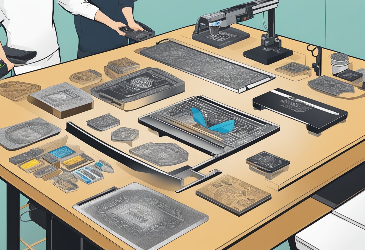 A table with various corporate gifts being customized with logos and names by a person using a heat press machine and laser engraver