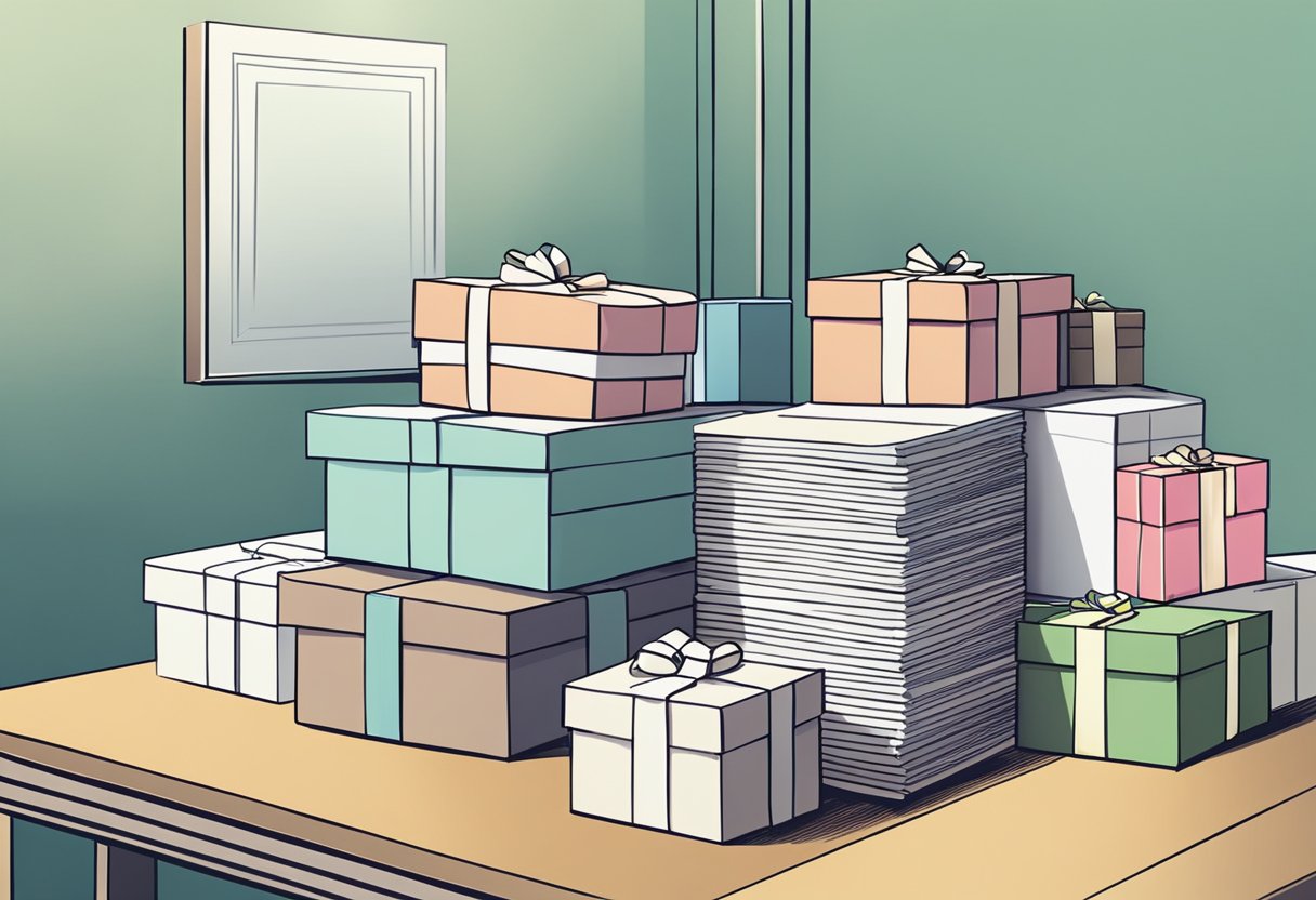 A stack of gift boxes with "Thank You" notes on a corporate desk