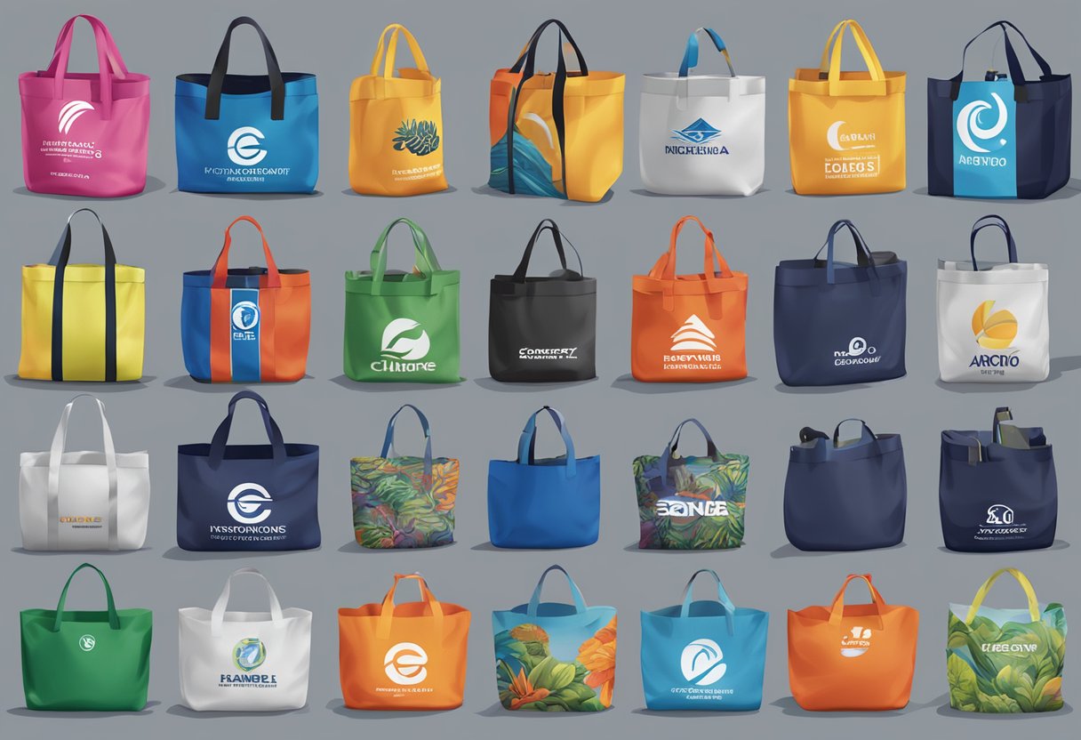 Custom polyester bags being procured and customized with logos and designs in a factory setting
