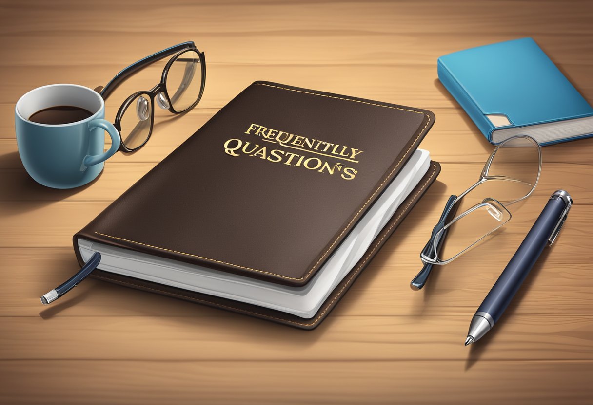 A leather notebook with "Frequently Asked Questions" embossed on the cover, surrounded by a pen, glasses, and a cup of coffee on a wooden desk