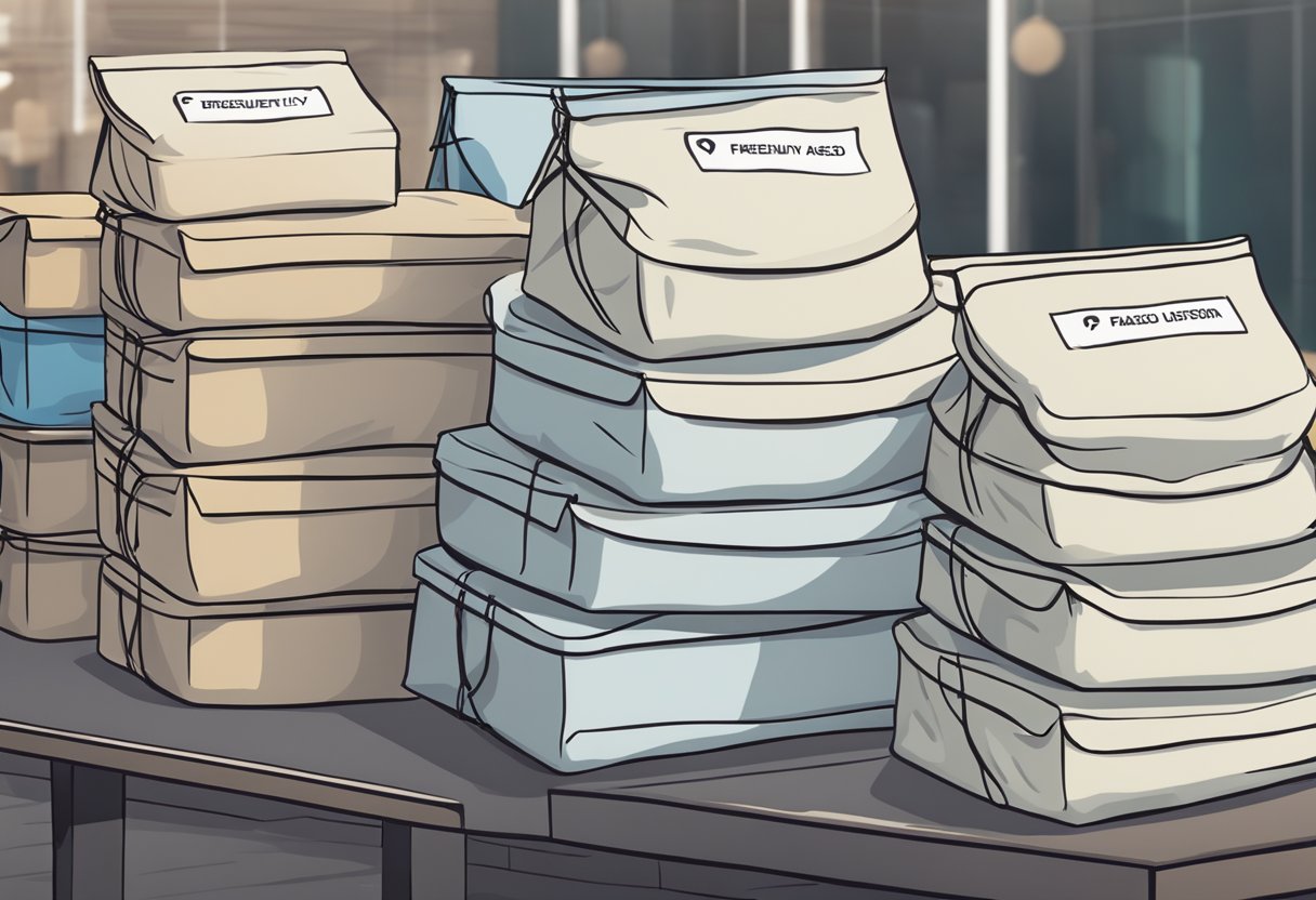 A stack of custom polyester bags with "Frequently Asked Questions" printed on them, arranged neatly on a display table