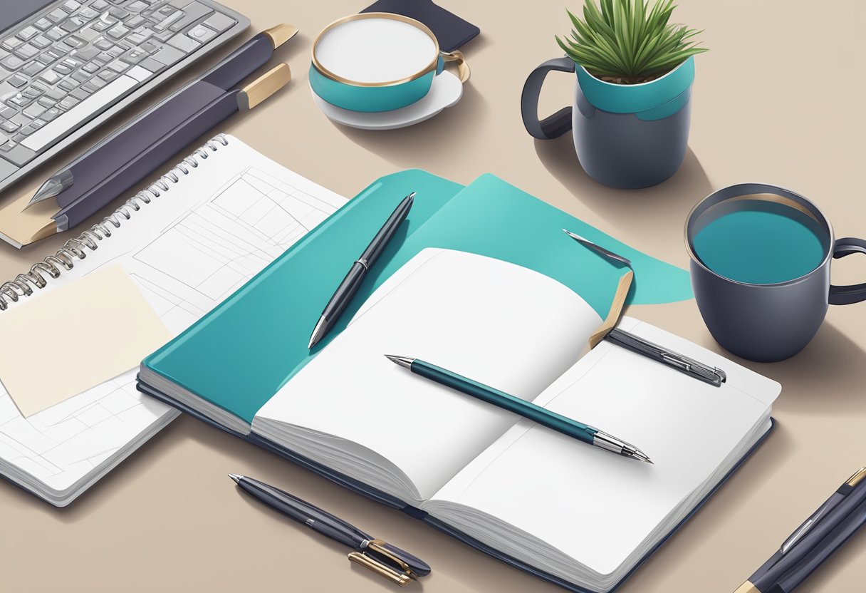 A hand reaches for a sleek, branded pen on a desk cluttered with high-quality corporate gifts. A logo-embossed notebook and elegant desk accessories complete the scene