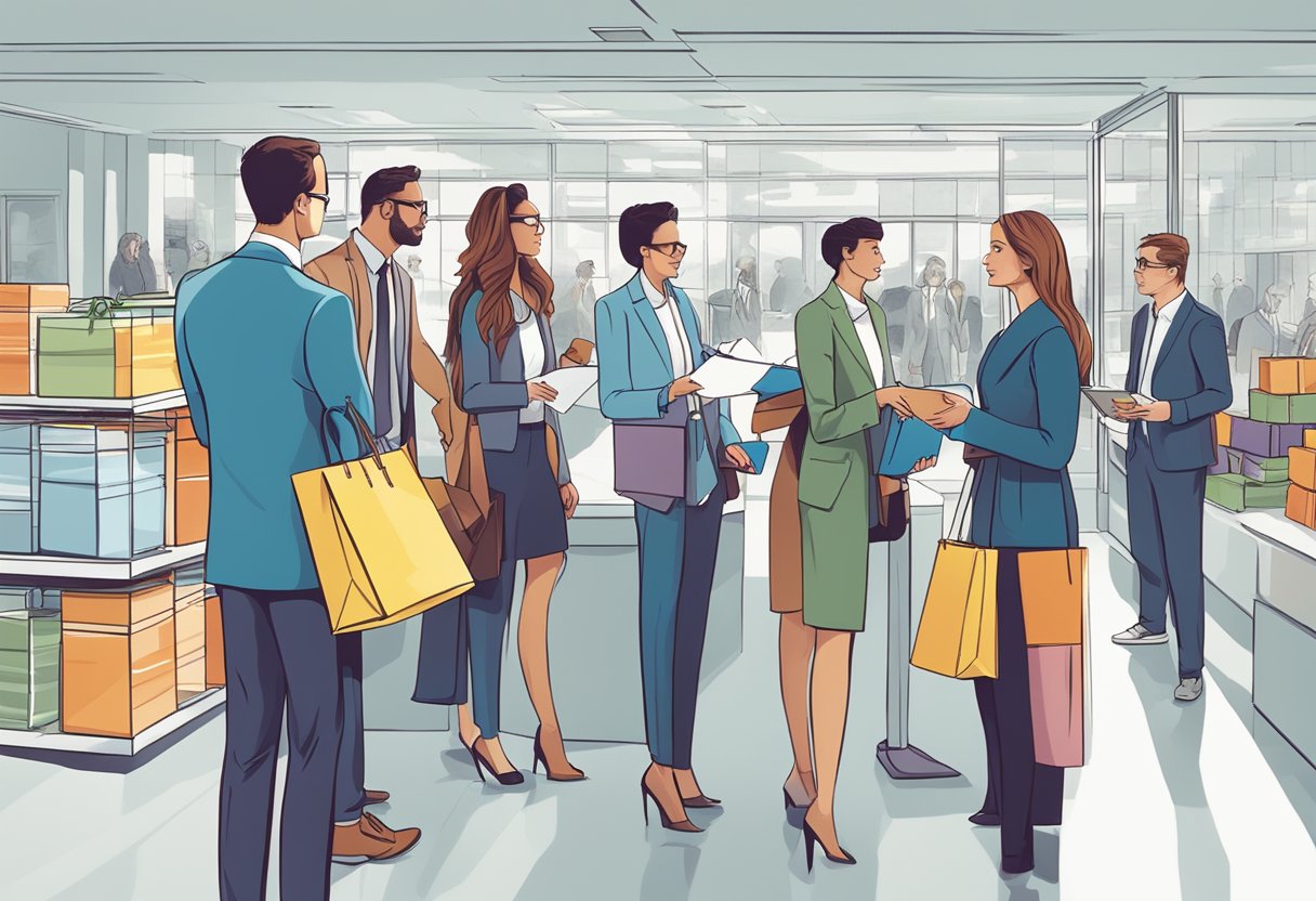 A group of young professionals browsing through a display of corporate gifts, with a sign reading "Frequently Asked Questions" above them