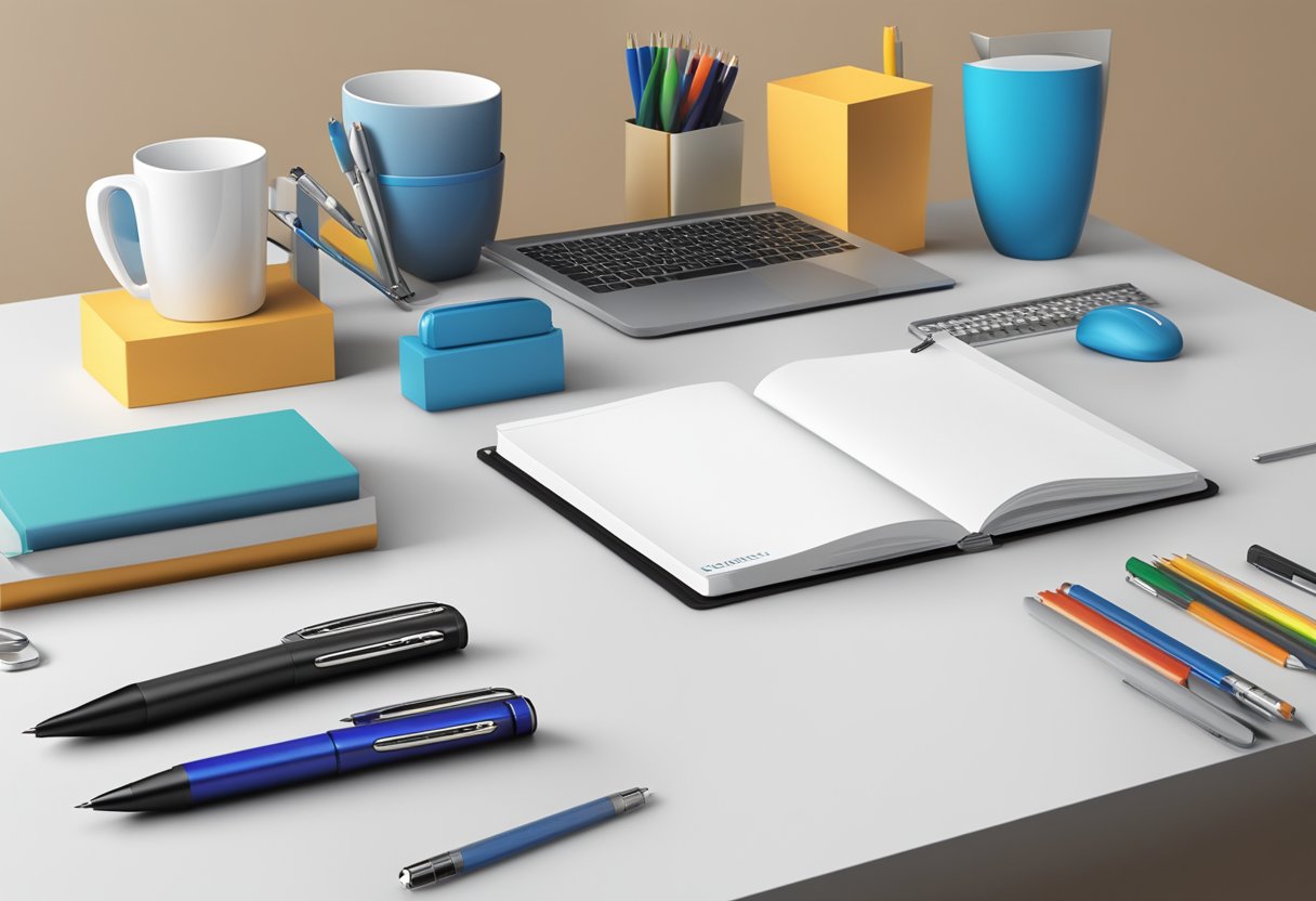 A table adorned with branded pens, notebooks, and tech gadgets. A company logo prominently displayed on each item