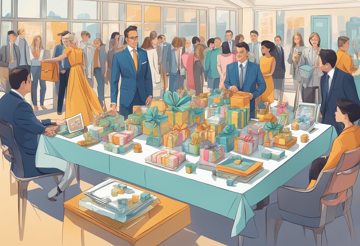A table adorned with elegant corporate gifts, surrounded by curious onlookers