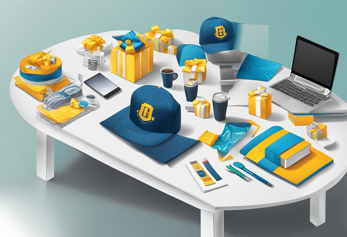 A table filled with branded merchandise and gift items for corporate events