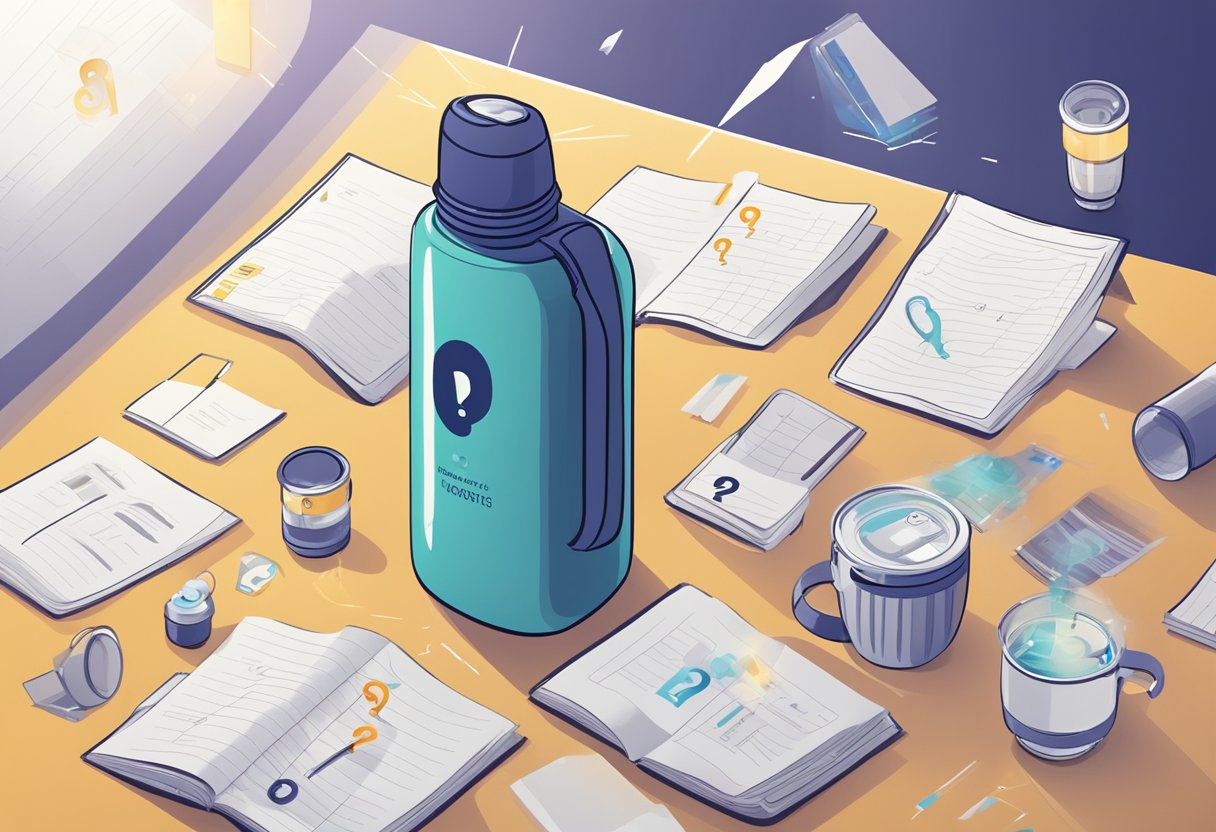 A custom thermal flask surrounded by question marks and a spotlight, with a list of frequently asked questions floating around it