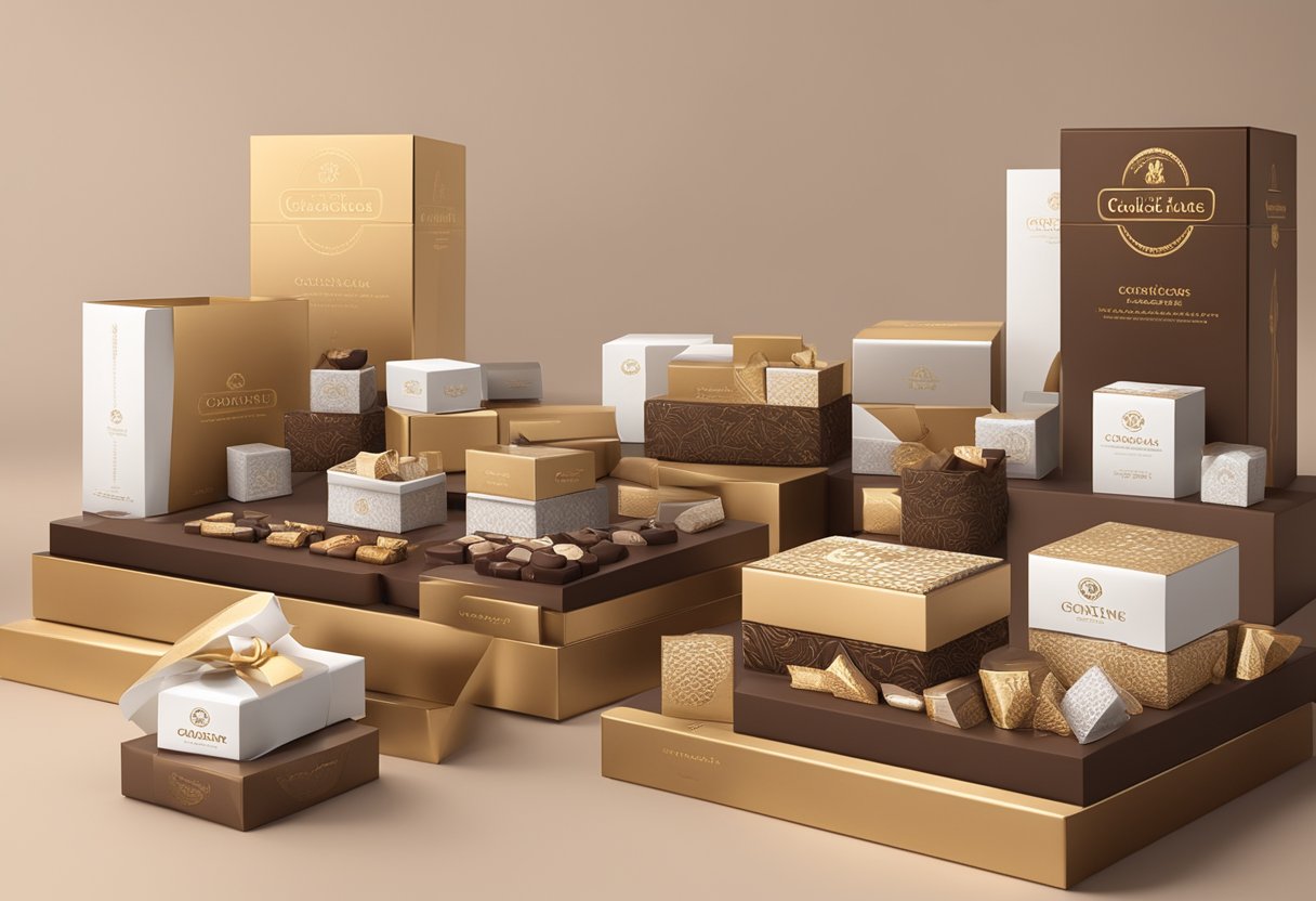 A table adorned with branded chocolate boxes and baskets, surrounded by elegant packaging materials and corporate logos