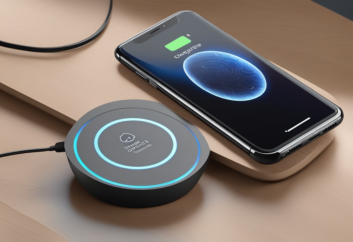 A sleek, modern wireless charger sits on a desk, with a custom design or name etched onto its surface