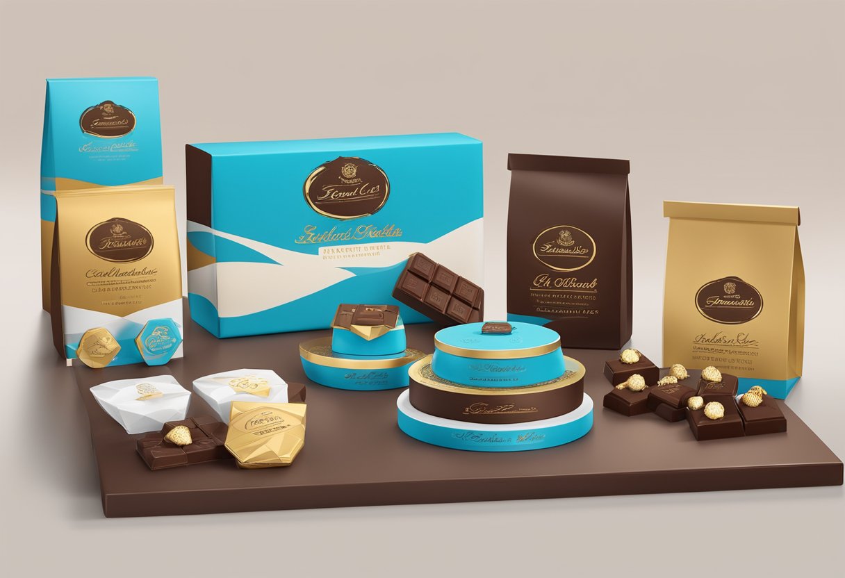 A table adorned with custom chocolate corporate gifts, branded with company logos and packaged elegantly