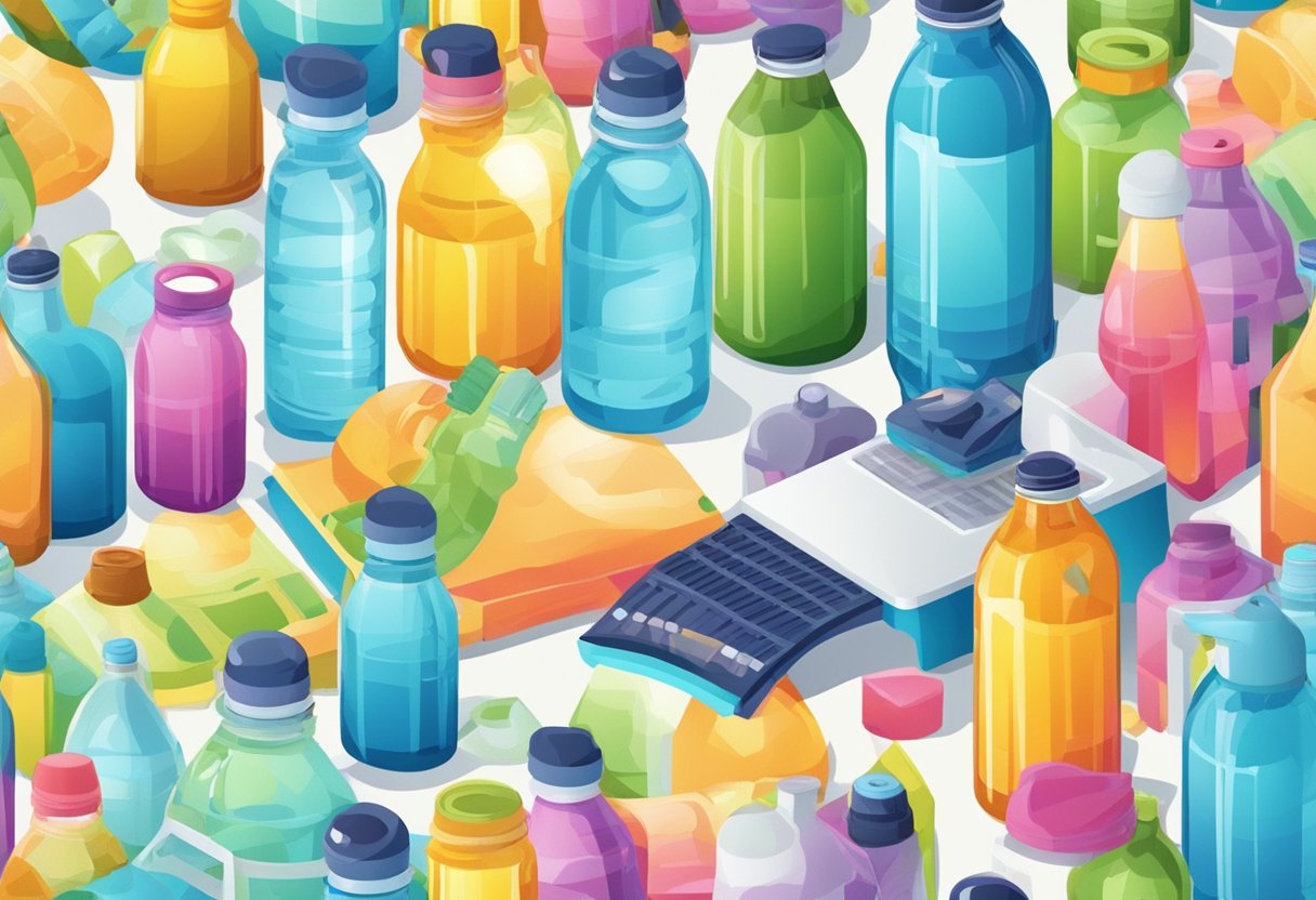 A table with various water bottles, printing equipment, and design tools. Bright colors and unique patterns on the bottles