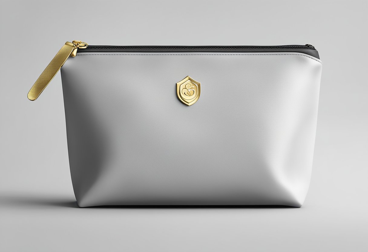 A sleek black cosmetic pouch with a gold zipper and embossed corporate logo, displayed on a clean white surface with soft lighting