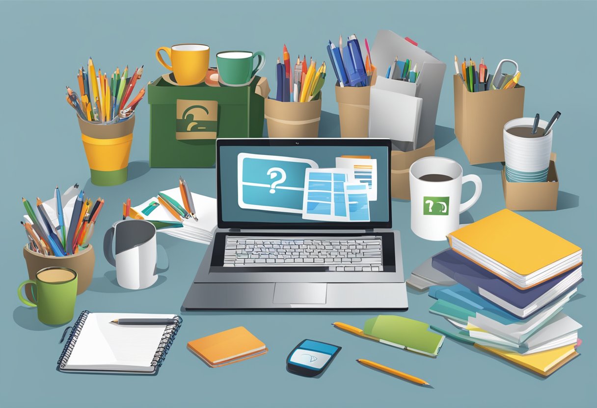 A table filled with various branded items like mugs, pens, and notebooks, with a sign reading "Frequently Asked Questions top corporate gifts" in a corporate setting