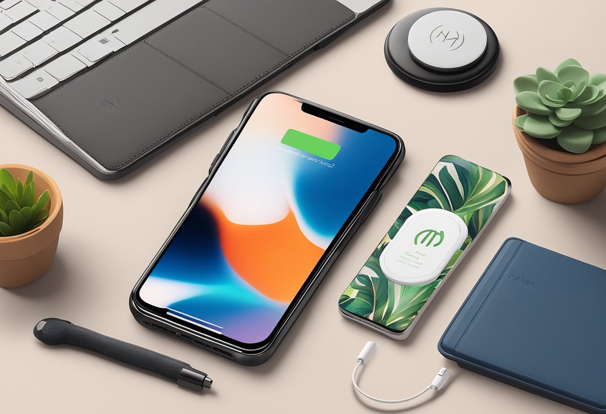 A wireless charger sits on a desk, surrounded by personalized items like a monogrammed notebook and a custom phone case
