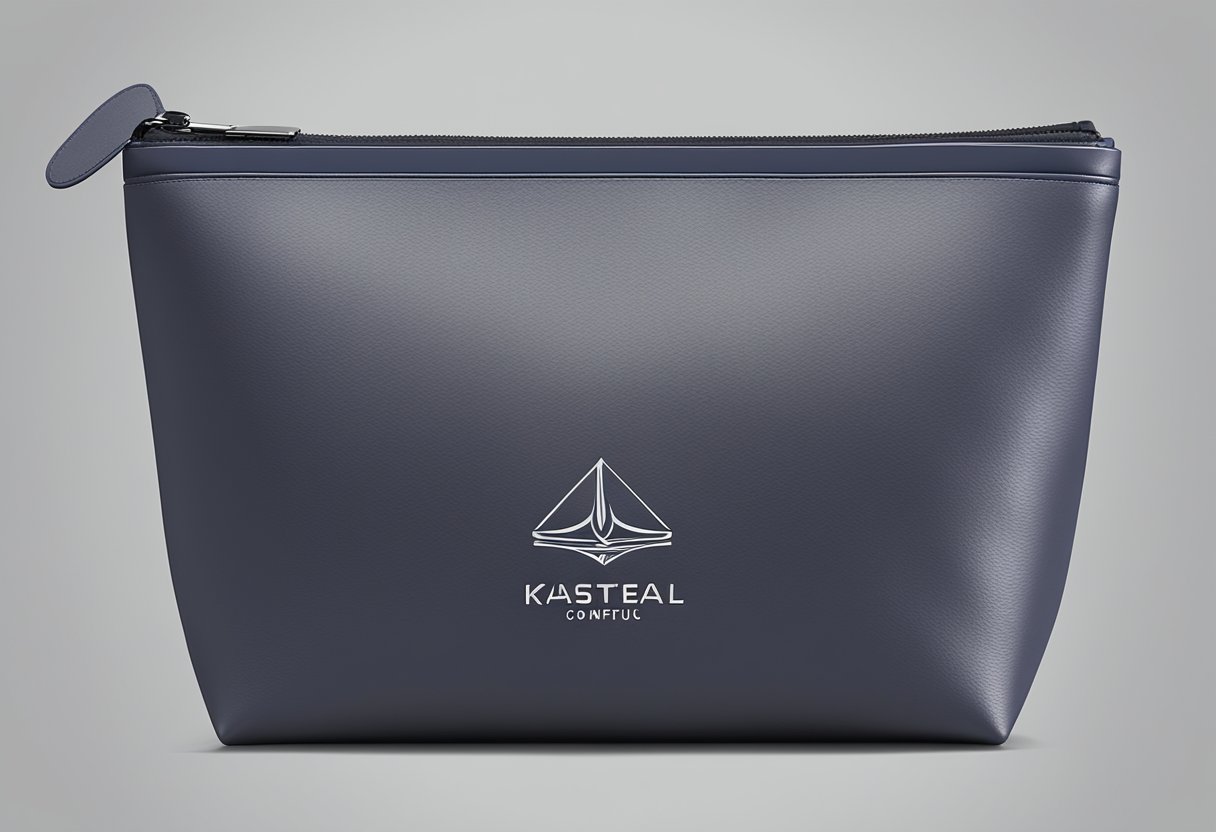 A sleek, branded cosmetic pouch made of high-quality leather, with a minimalist design and embossed company logo