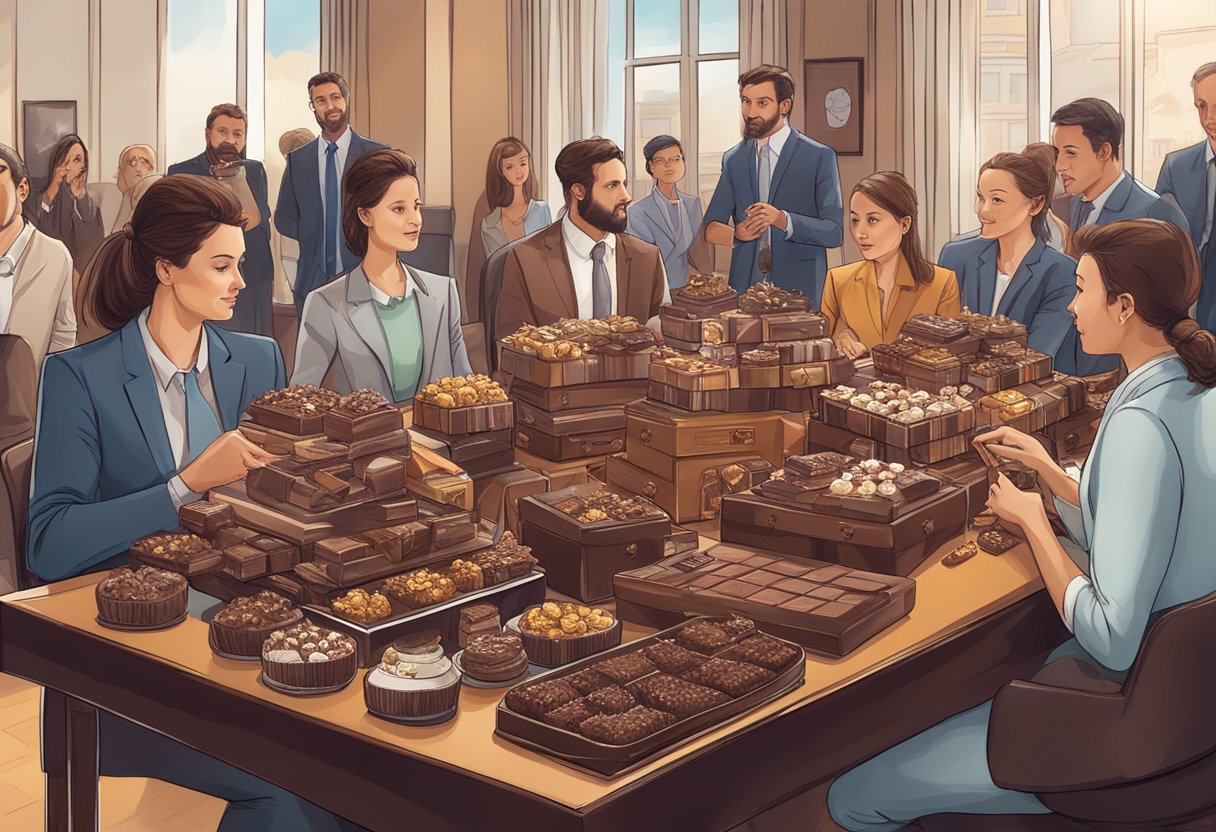 A table adorned with various custom chocolate corporate gifts, surrounded by curious onlookers