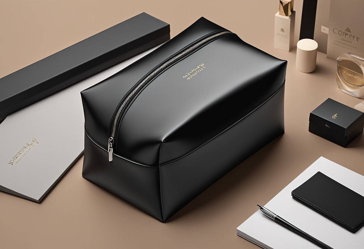 A sleek black cosmetic pouch branded with a company logo sits on a polished desk next to a stack of elegant gift boxes