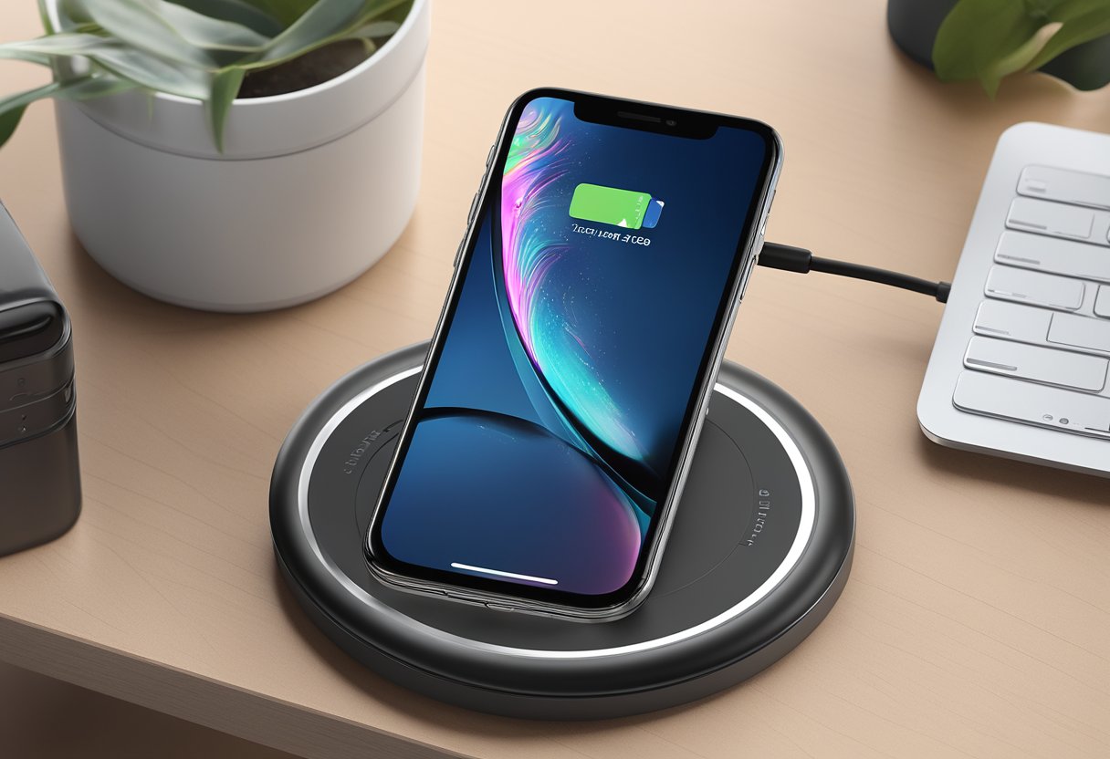 A sleek wireless charger sits on a desk, with a phone placed on top. The charger is personalized with custom designs, showcasing its compatibility with various devices