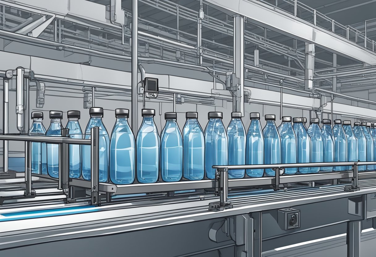 Machines fill and label water bottles on a conveyor belt in a large warehouse. Finished bottles are then packaged and stacked for distribution
