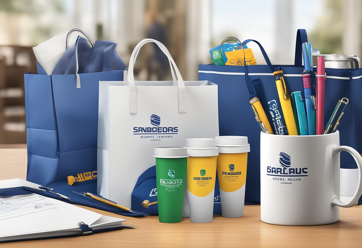 A table displays branded pens, mugs, and keychains. A logoed gift bag sits nearby