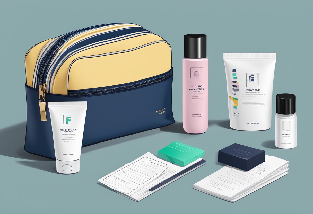 A sleek, branded cosmetic pouch sits atop a desk, surrounded by a stack of printed FAQs and a corporate gift ribbon
