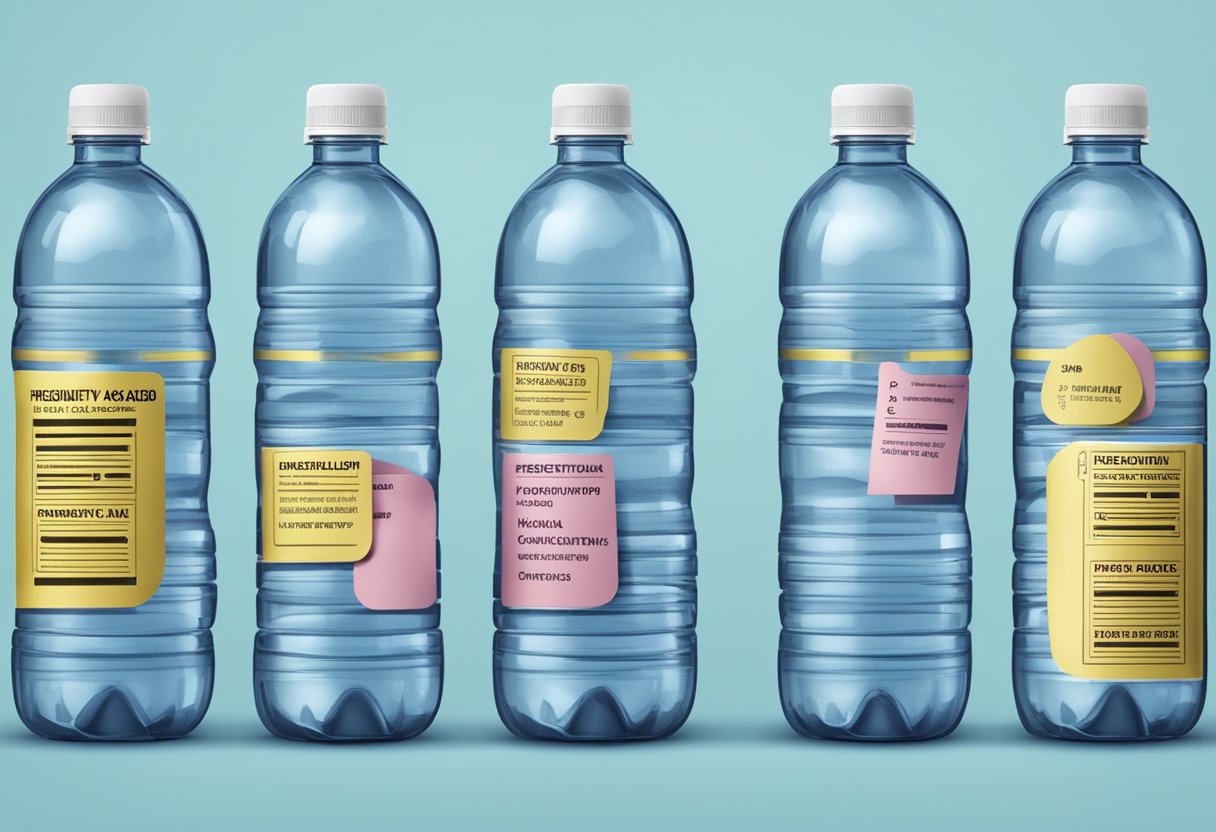 A stack of water bottles with "Frequently Asked Questions" printed on the labels