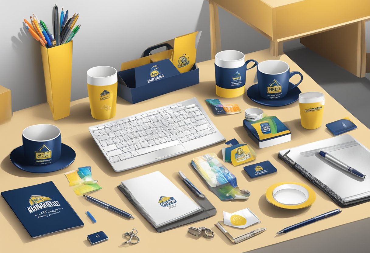 A table with assorted corporate gifts and door gifts, including branded items like pens, mugs, and keychains, displayed neatly with company logos